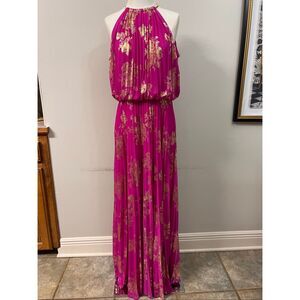 MSK Women's Embellishment Halter Neck Pleated Maxi Dress Fuchsia Gold Sz 12 NWT